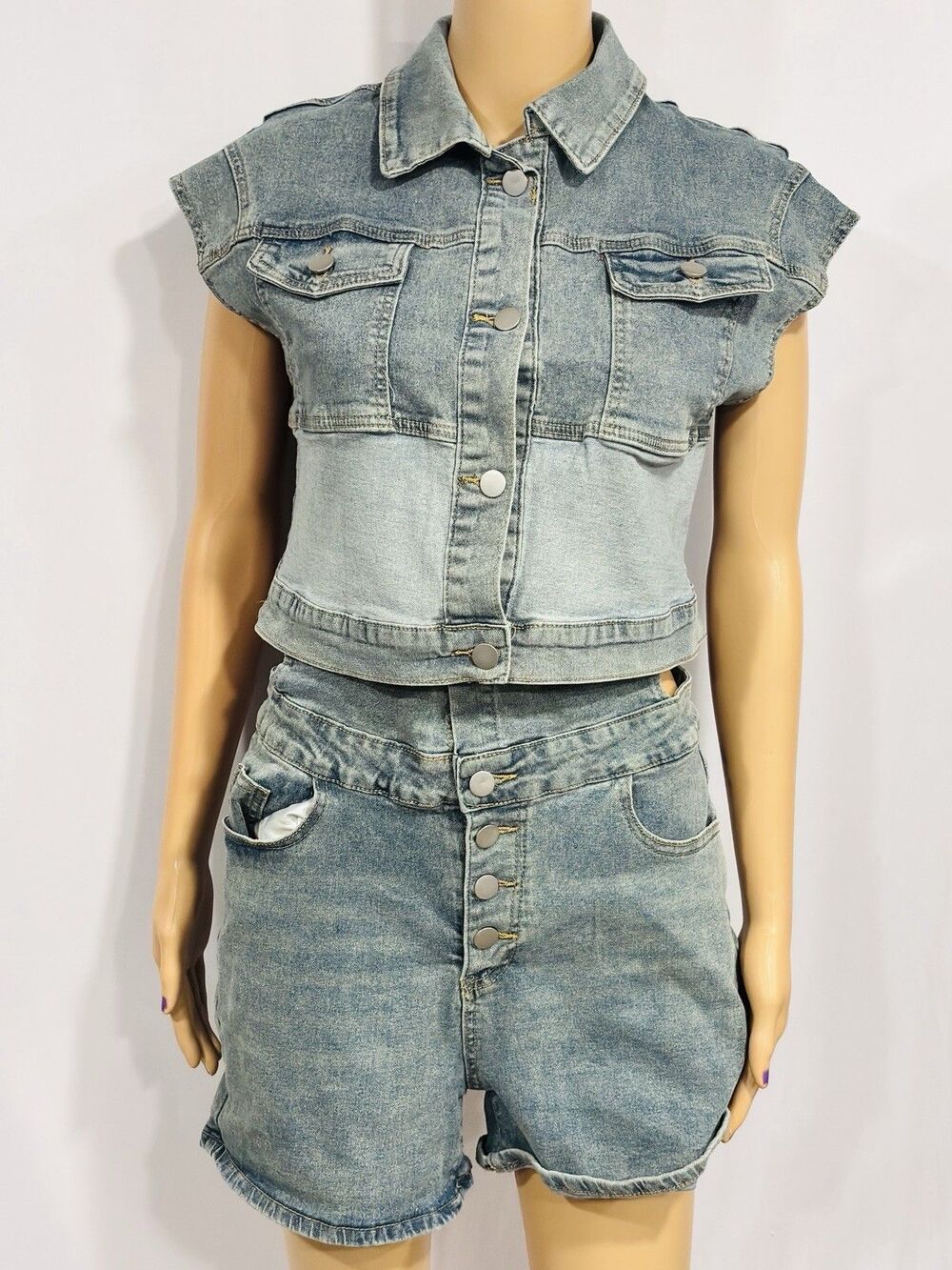 Y2K Washed Denim 2 Piece Outfit Sleeveless Top Fold Over Jean Shorts Blue Sz L